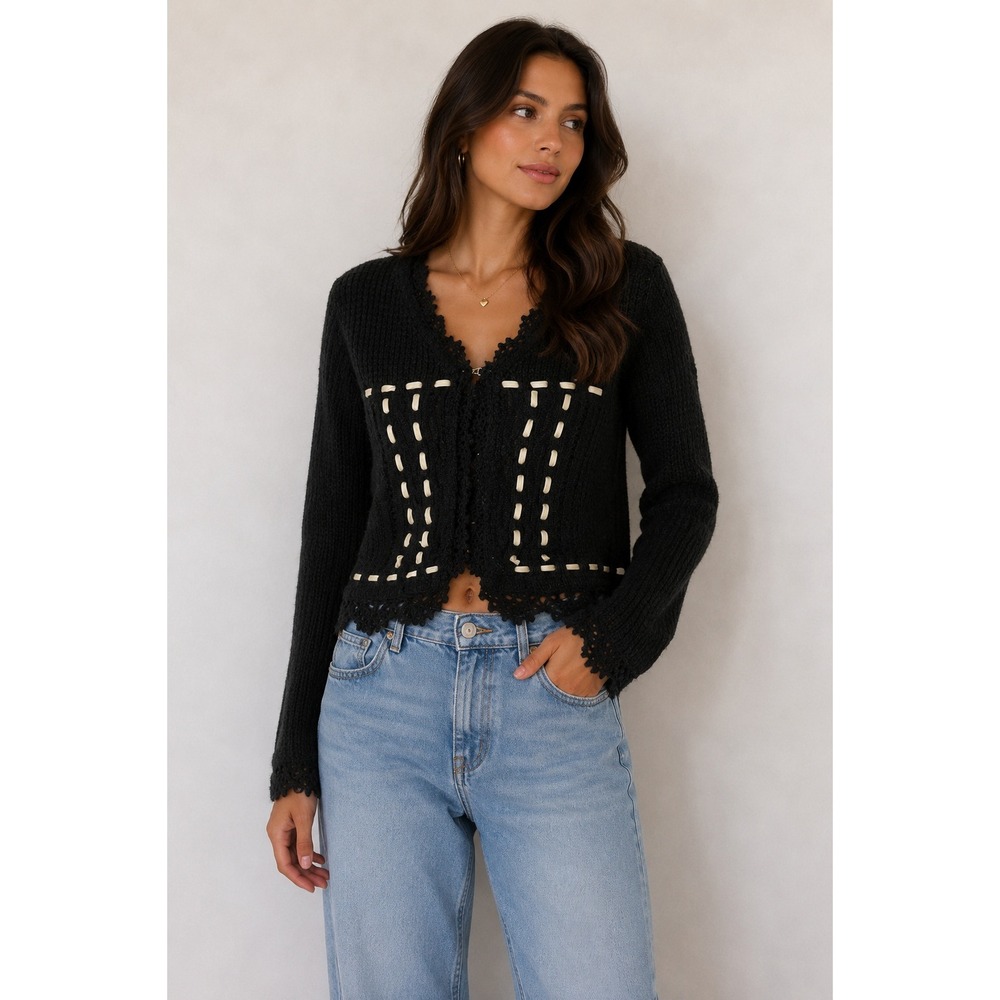 Wool Blend Cropped Cardigan Large Black Cream Ribbon Trim Crochet Dark Romantic